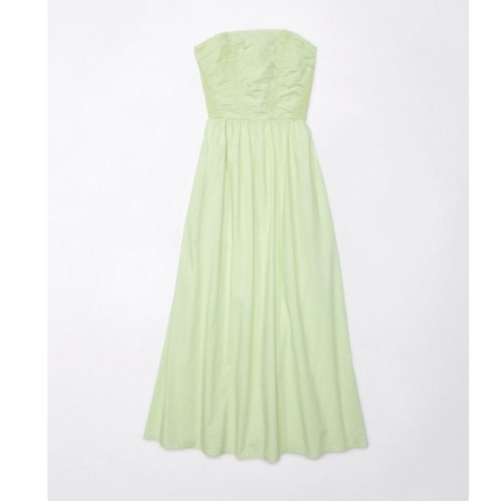 American Eagle Strapless Ruched Poplin Green Midi Dress Size Small